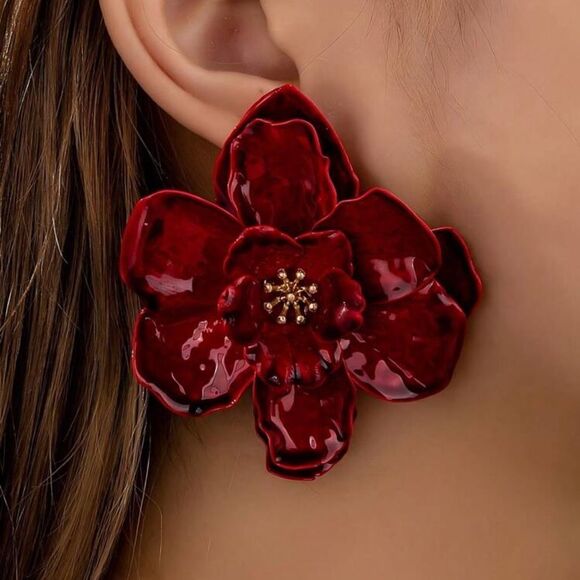 Bold Burgundy Red Statement Earrings. Trendy! - Picture 3 of 7